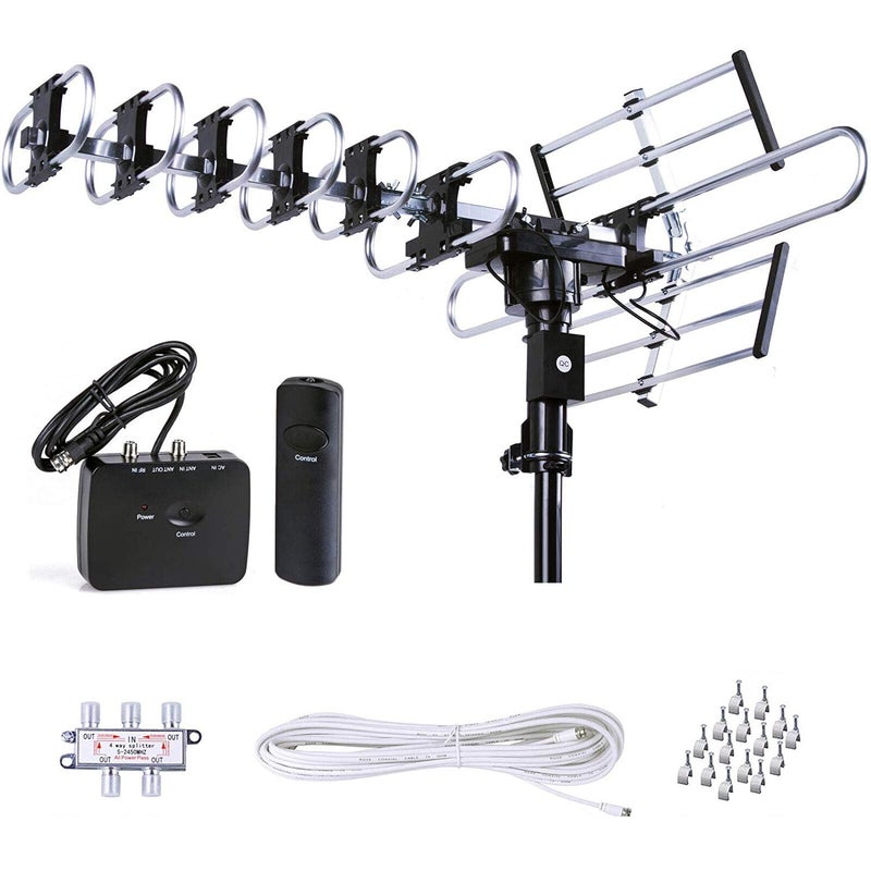 Five Star Outdoor HD TV Antenna Strongest Up to 200 Miles Long Range with Motorized 360 Degree Rotation, UHF/VHF/FM Radio with Infrared Remote Control Advanced Design Plus Installation Kit - Image 1